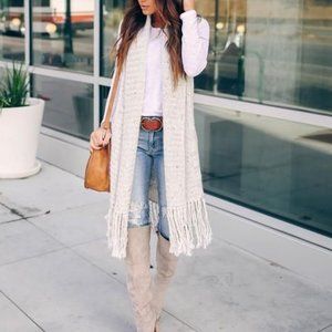 Open front Knit fringe sleeveless cardigan vest